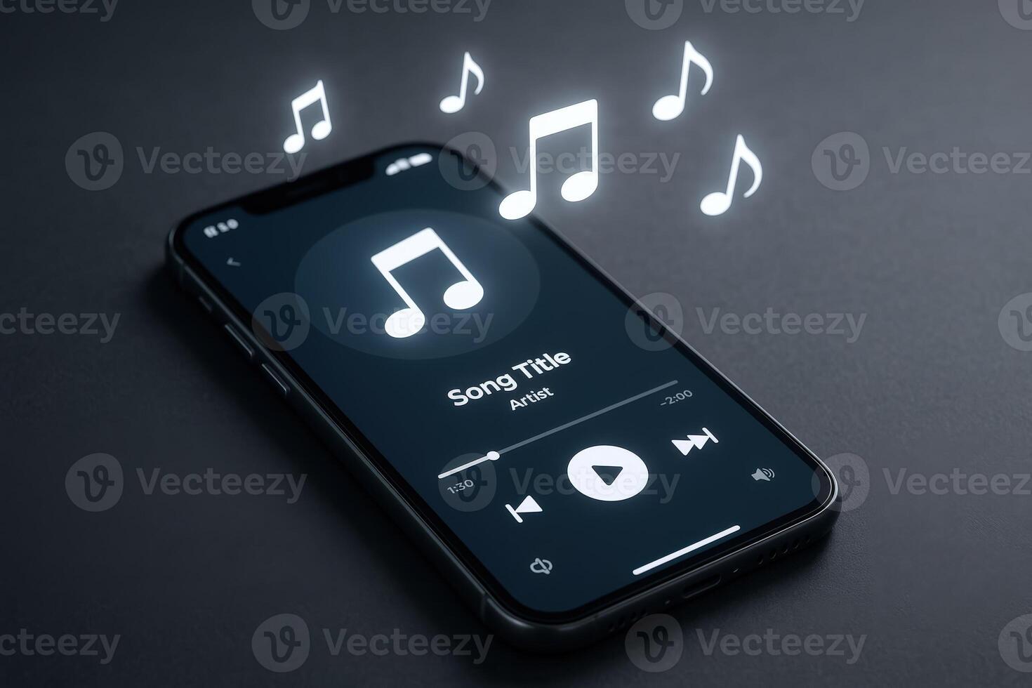 Smartphone Music Streaming App Display with Glowing Notes on a Dark Background photo