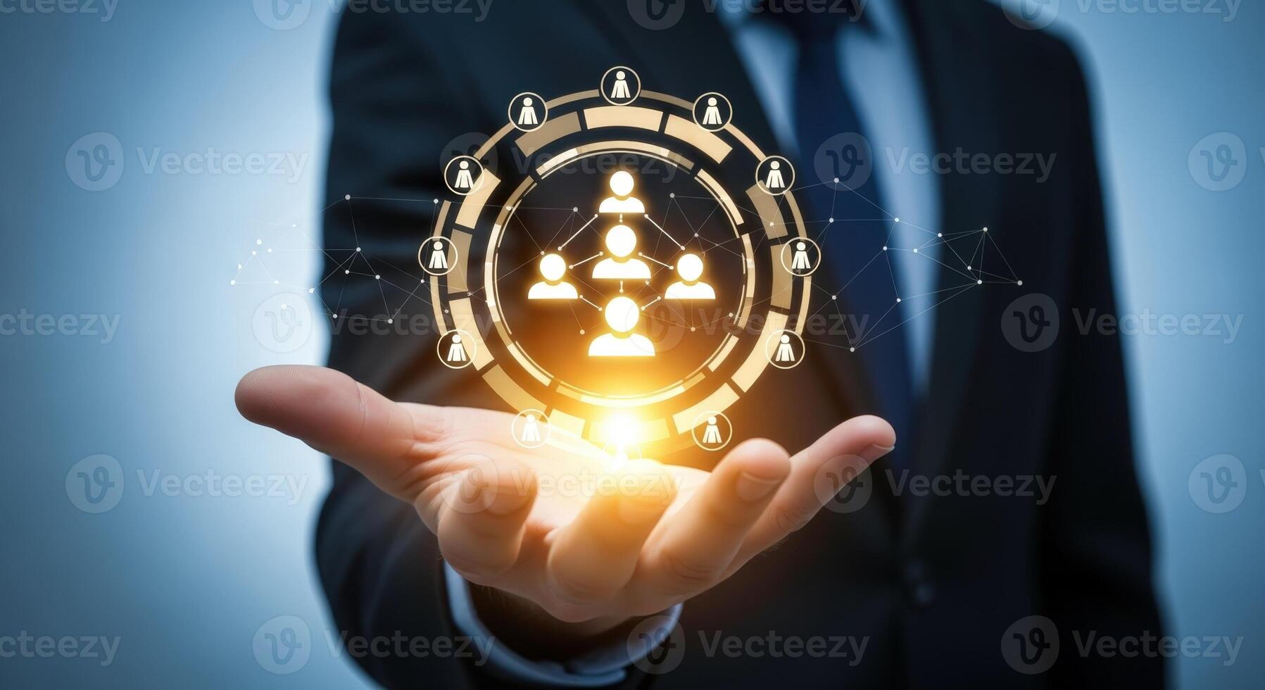 Businessman Presents Innovative Organizational Structure Network Hierarchy Concept with Glowing Connection for Modern Business Management photo