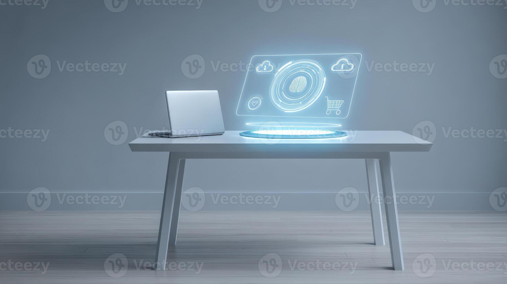Futuristic Digital Workspace Laptop and Holographic Interface on Table, Representing Advanced Technology and Modern Communication photo