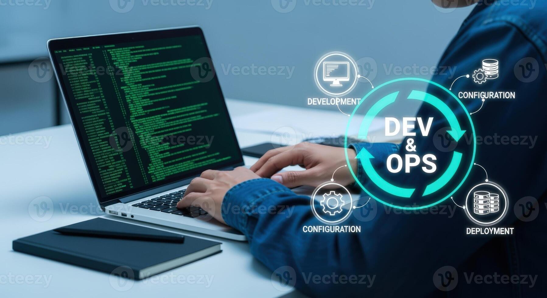 Software Developer Working on DevOps Automation and Cloud Computing Technologies, Man Coding on Laptop photo