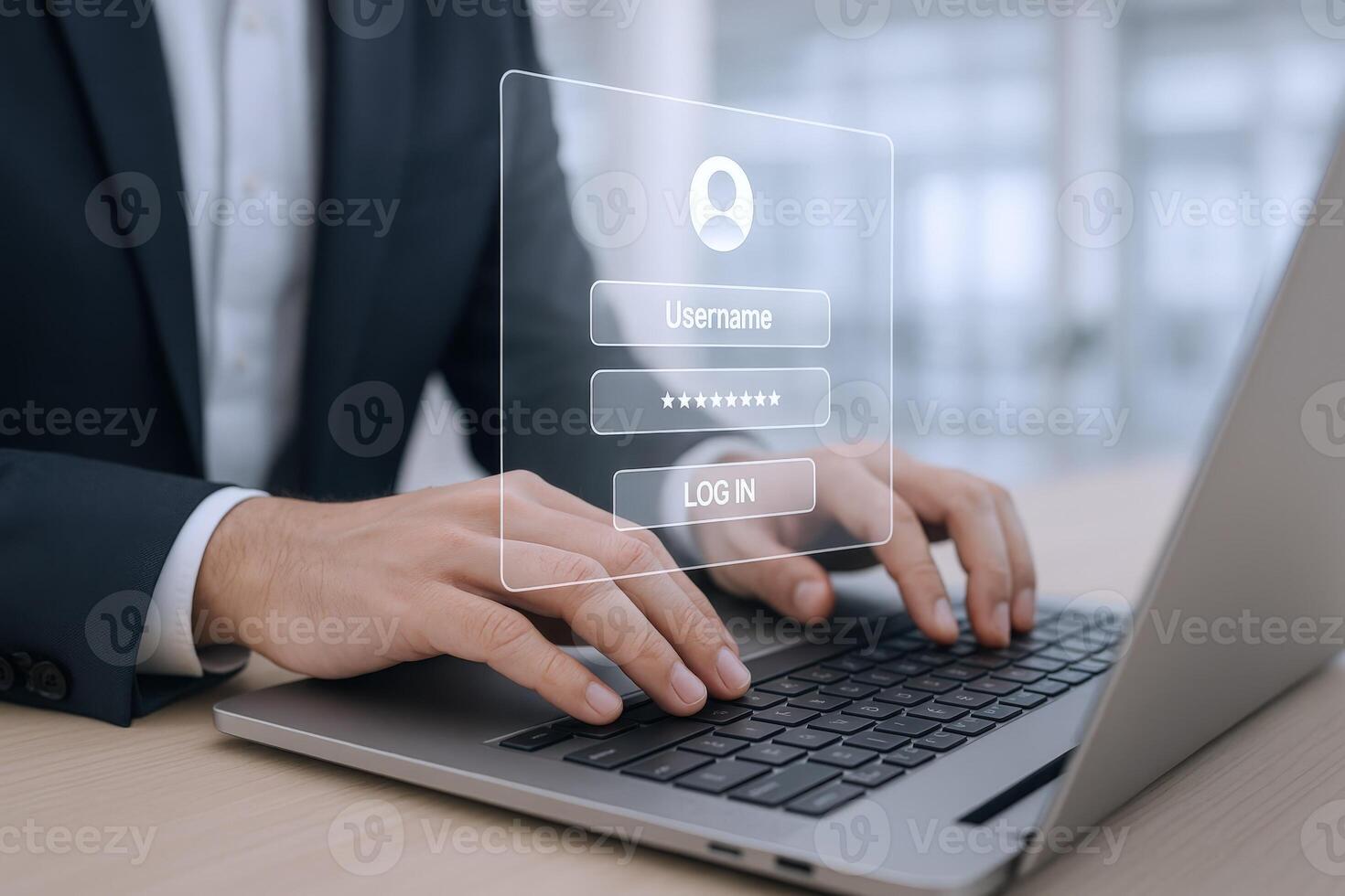 Man Logging into Account on Laptop with Transparent Interface and Security Overlay in Office photo