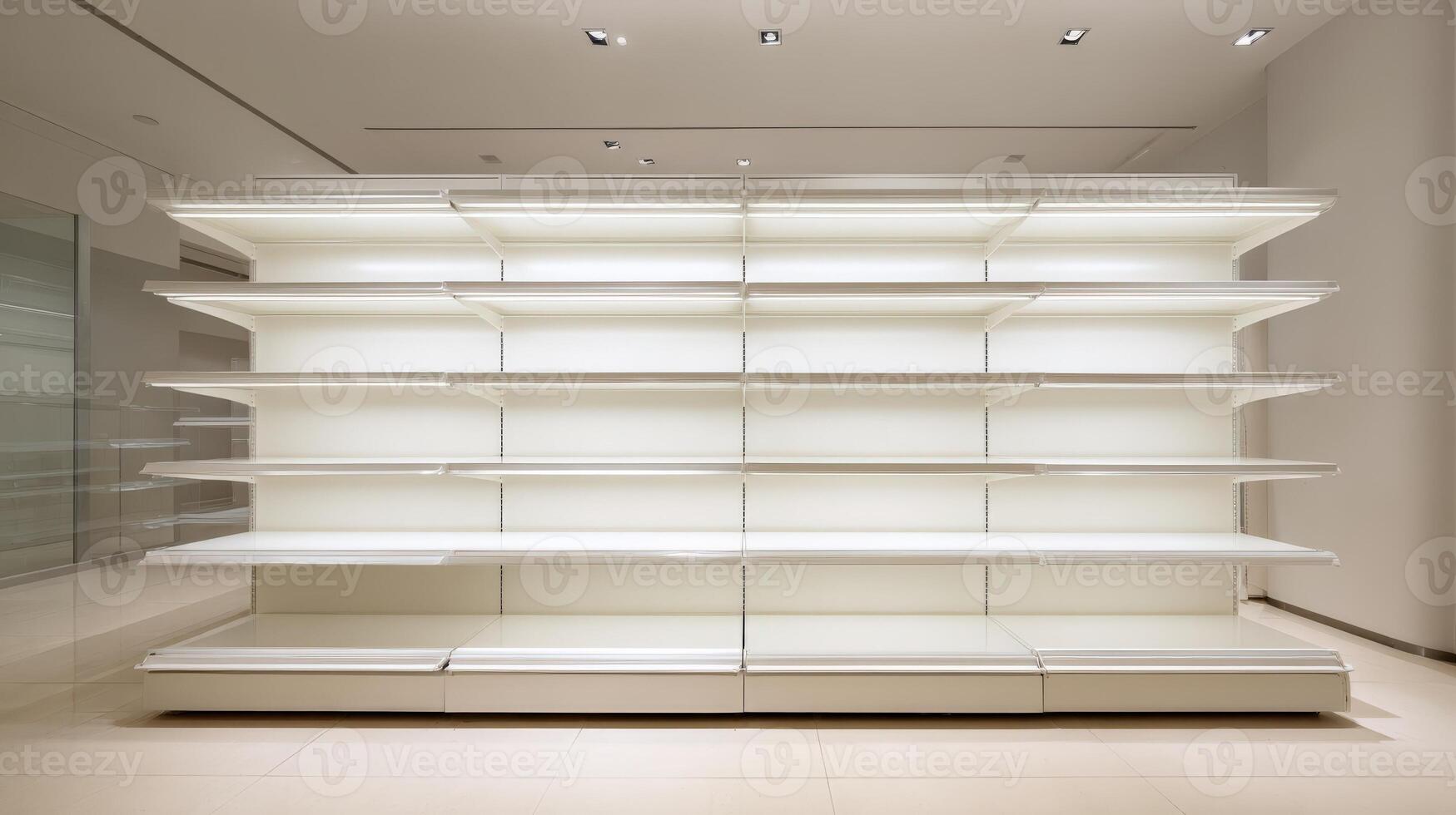 Empty Retail Shelving Unit in Modern Store Environment, Illuminated Display, Ready for Merchandise photo