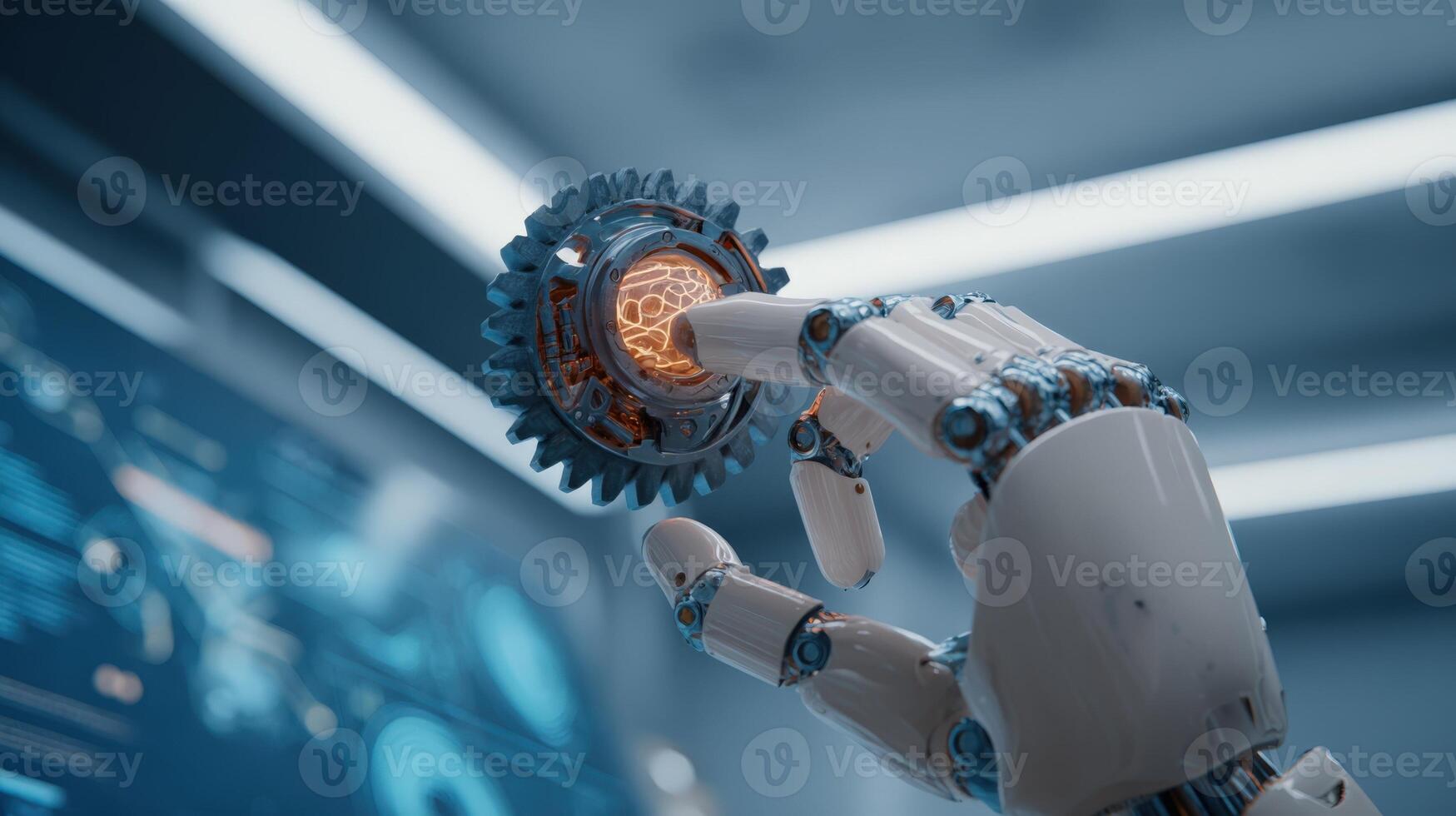 Robotic Hand Interacting with Digital Interface Concept of Artificial Intelligence and Future Technology photo