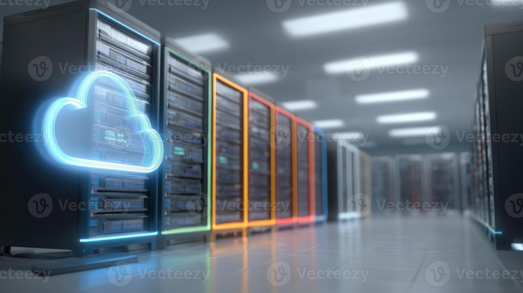 Cloud Computing Infrastructure Server Racks with Neon Cloud Symbol for Data Storage and Processing photo