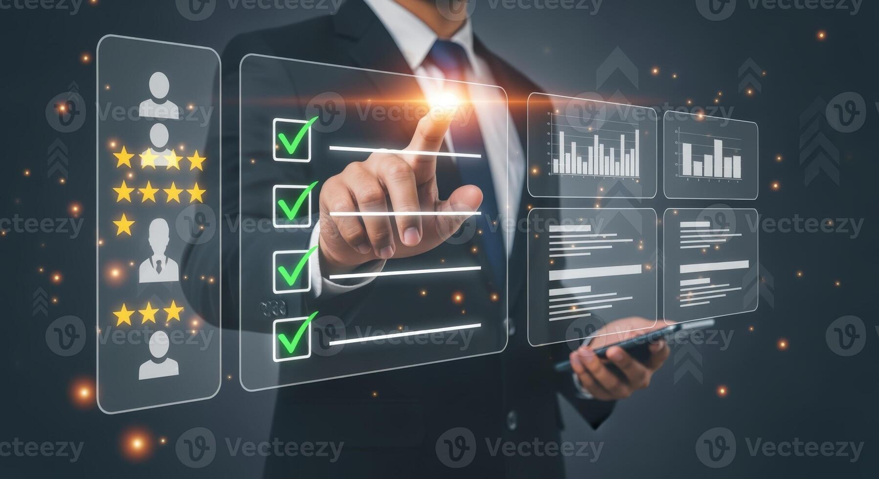 Businessman Interacting with Digital Checklists and Data Visualizations Representing Project Management and Business Strategy Success photo