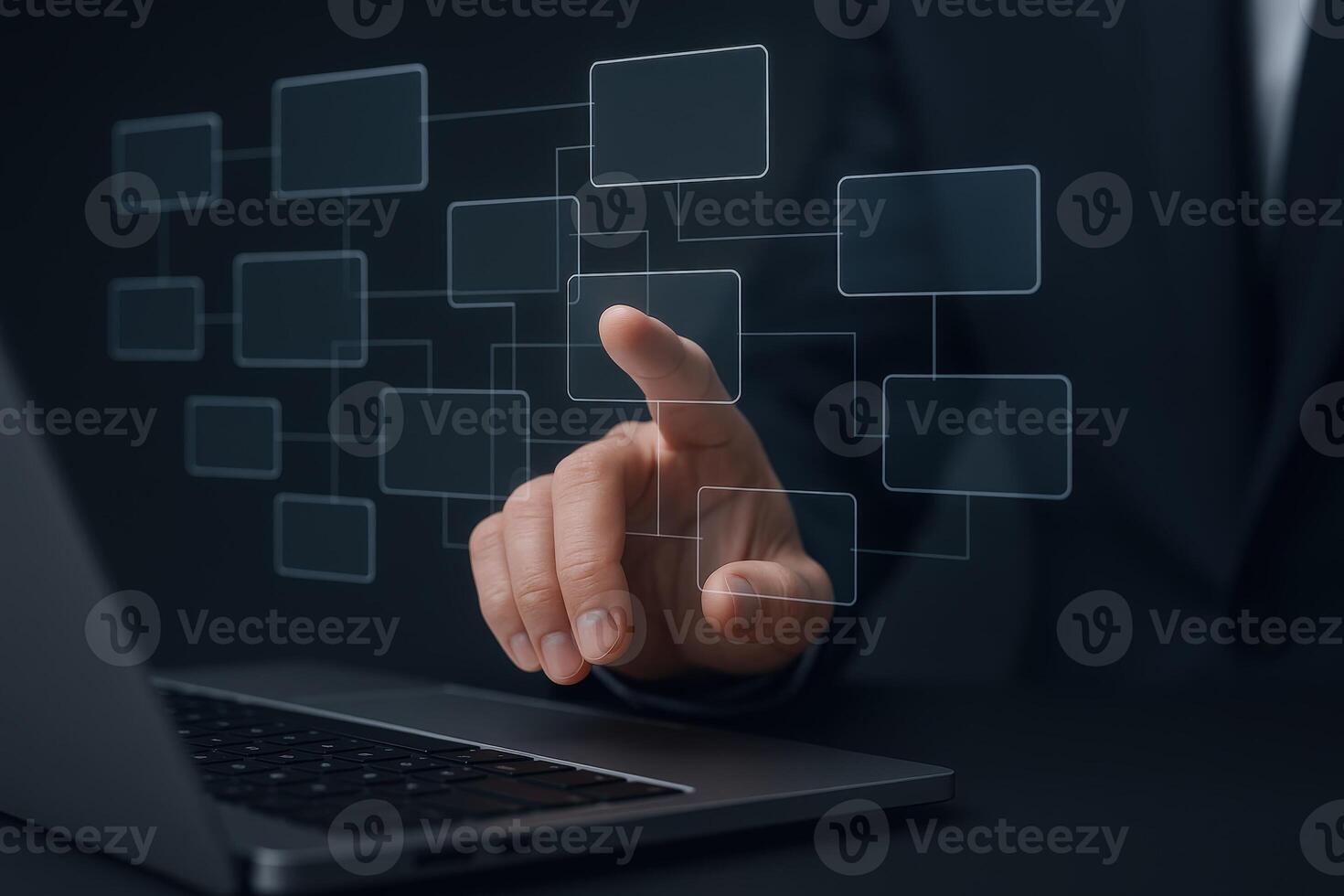 Interactive Workflow Hand Interacting with Digital Flowchart on Screen, Demonstrating Business Strategy and Technology photo