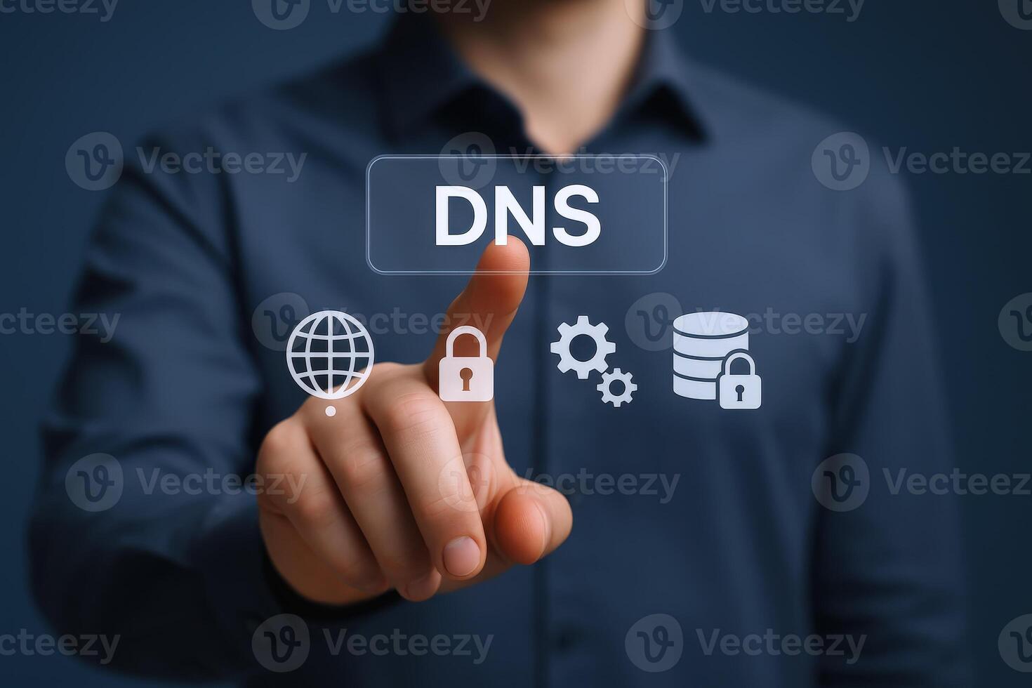 DNS Concept Man Touching Virtual Button Displaying Domain Name System for Secure Internet Connection photo