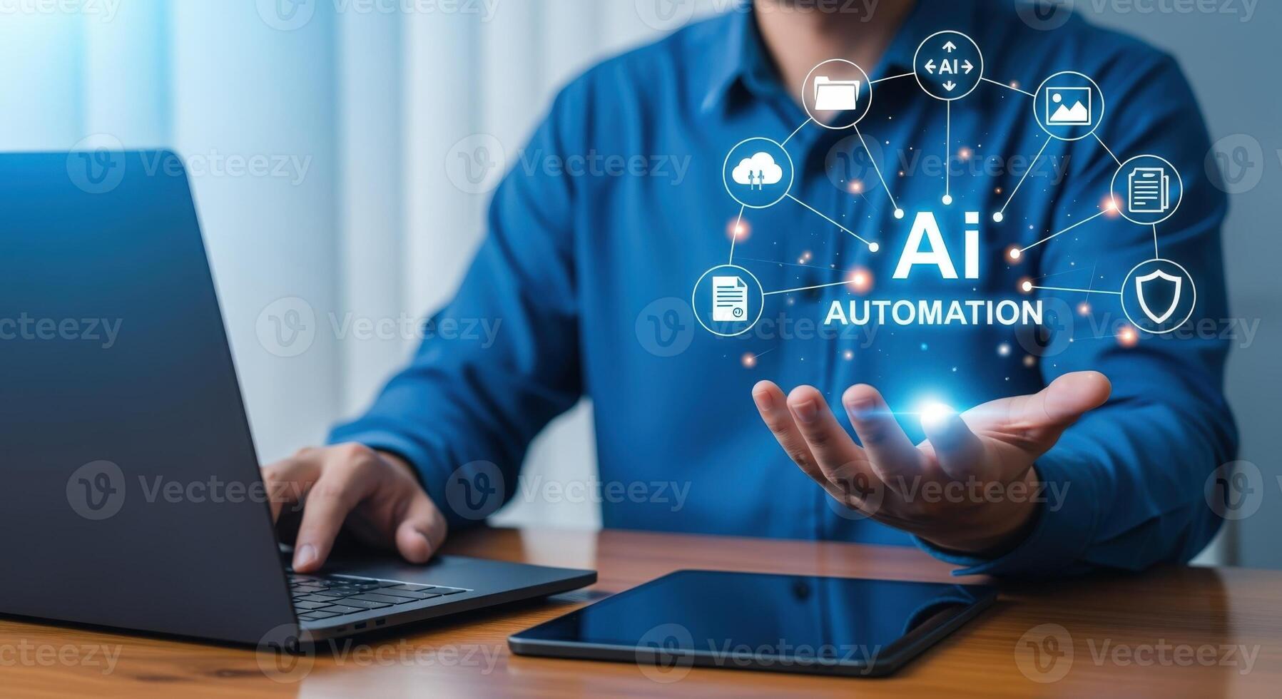 AI Automation Concept Man Working on Laptop with Holographic Interface Showing Automation Icons photo