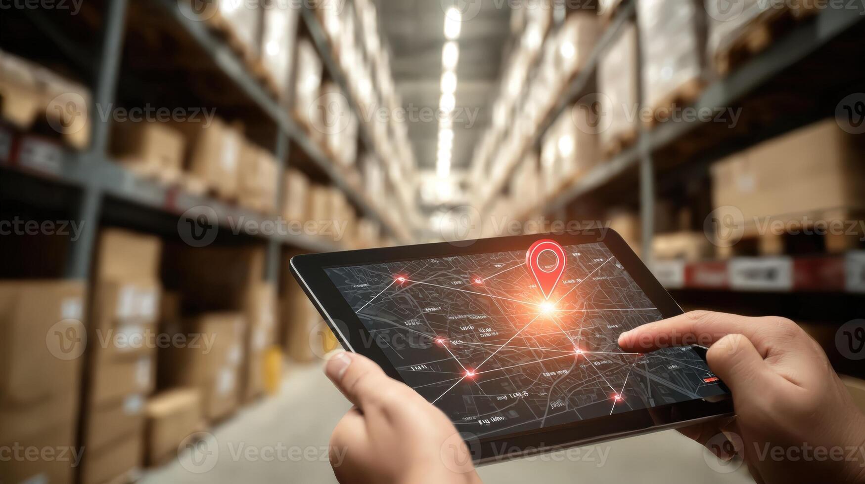 Warehouse Management with Digital Technology Tablet Displaying Inventory Tracking and Location in a Distribution Center photo
