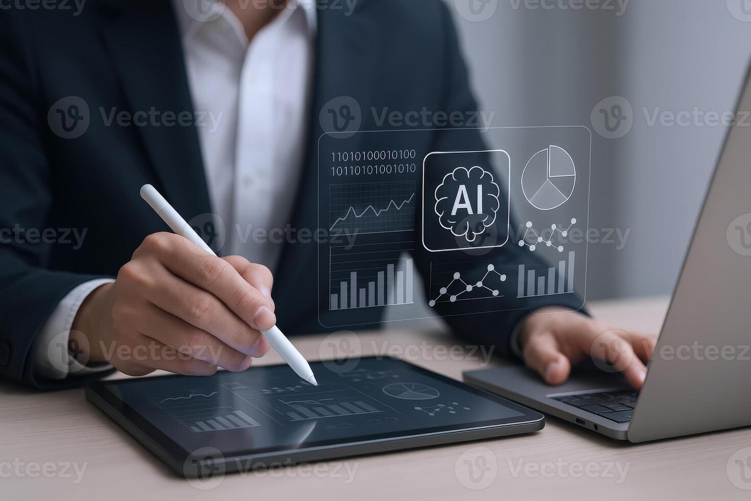 Businessman Analyzing AI Data on Tablet and Laptop, Demonstrating Technology Integration and Business Intelligence photo
