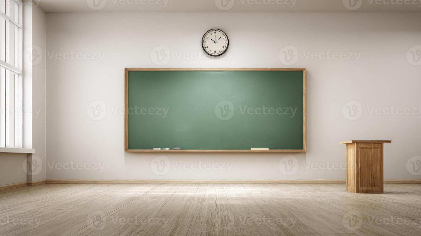 Empty Classroom with Chalkboard, Clock, and Lectern Ready for Students and Learning photo