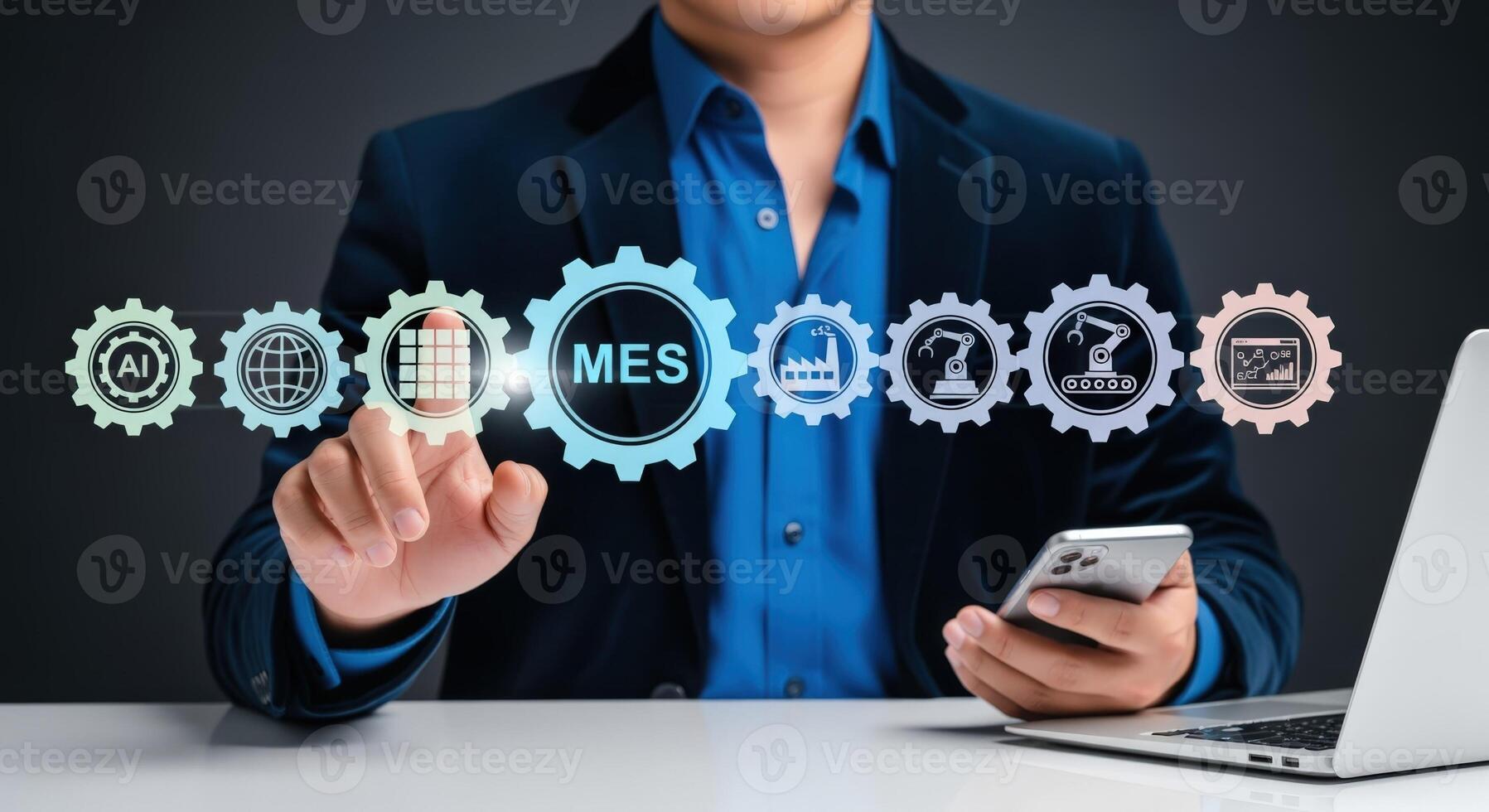 Manufacturing Execution System Concept Businessman Utilizing MES Interface for Streamlined Production and Automation Processes photo