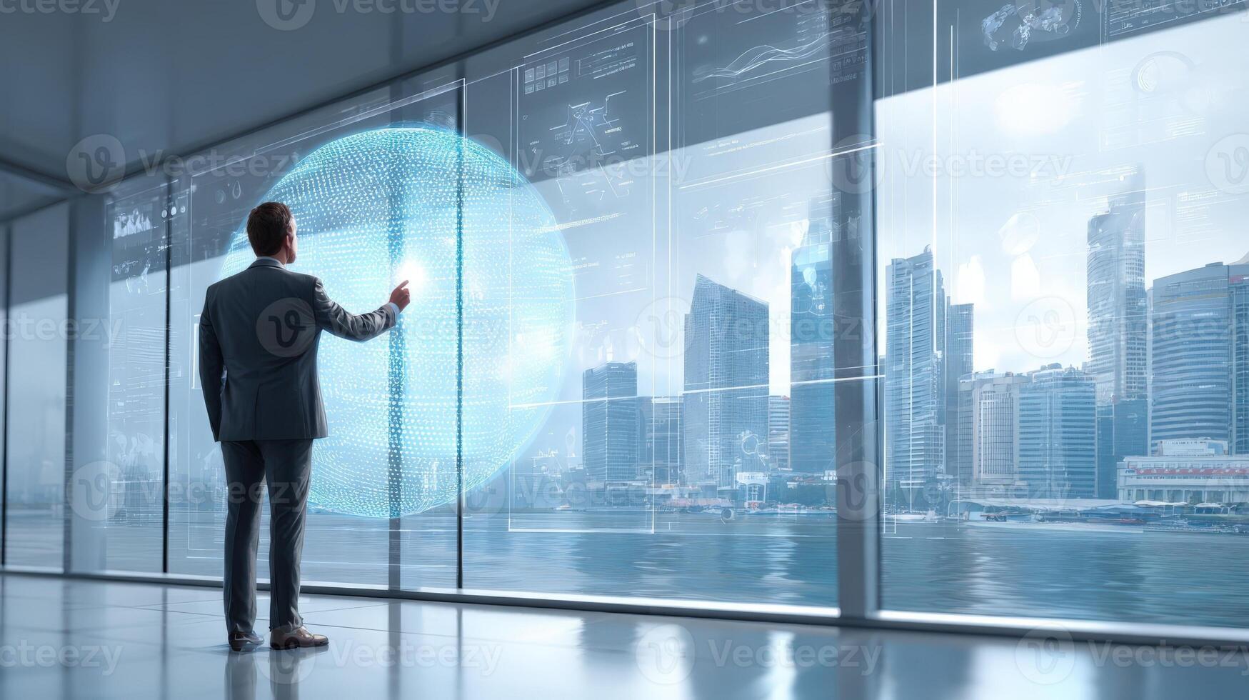 Businessman Interacting with Futuristic Interface in Modern Office with City View, Representing Technology and Innovation photo
