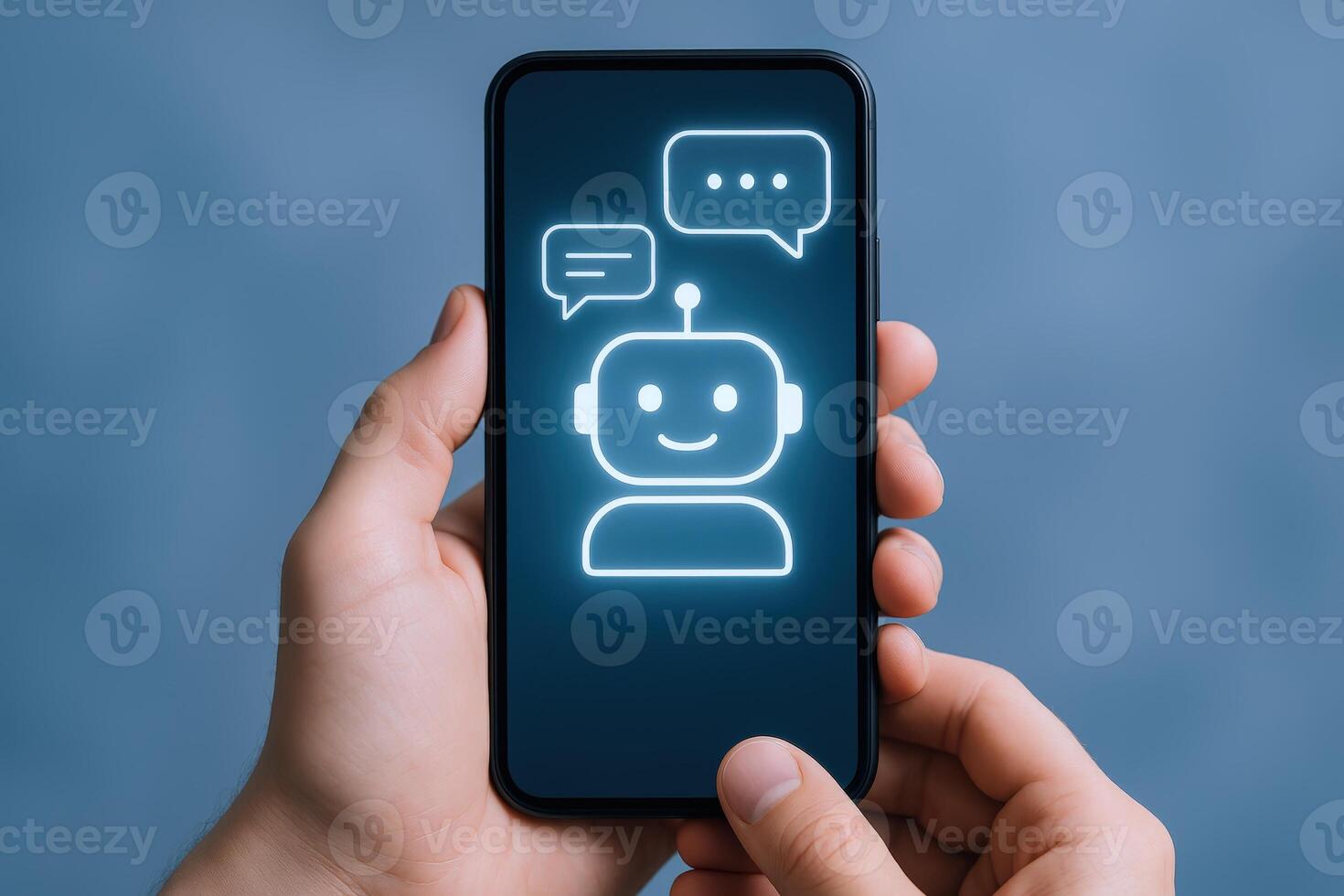AI Chatbot App on Mobile Device Hands Holding Smartphone with Virtual Assistant Interface photo