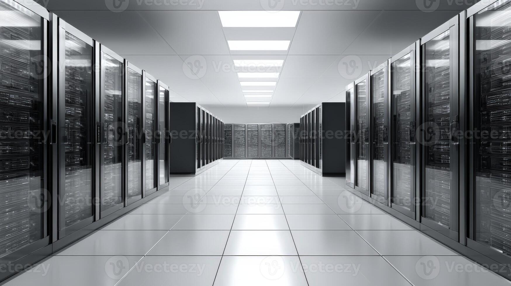Data Center Server Room with Rows of Rack Mounted Servers in a Technology Facility photo