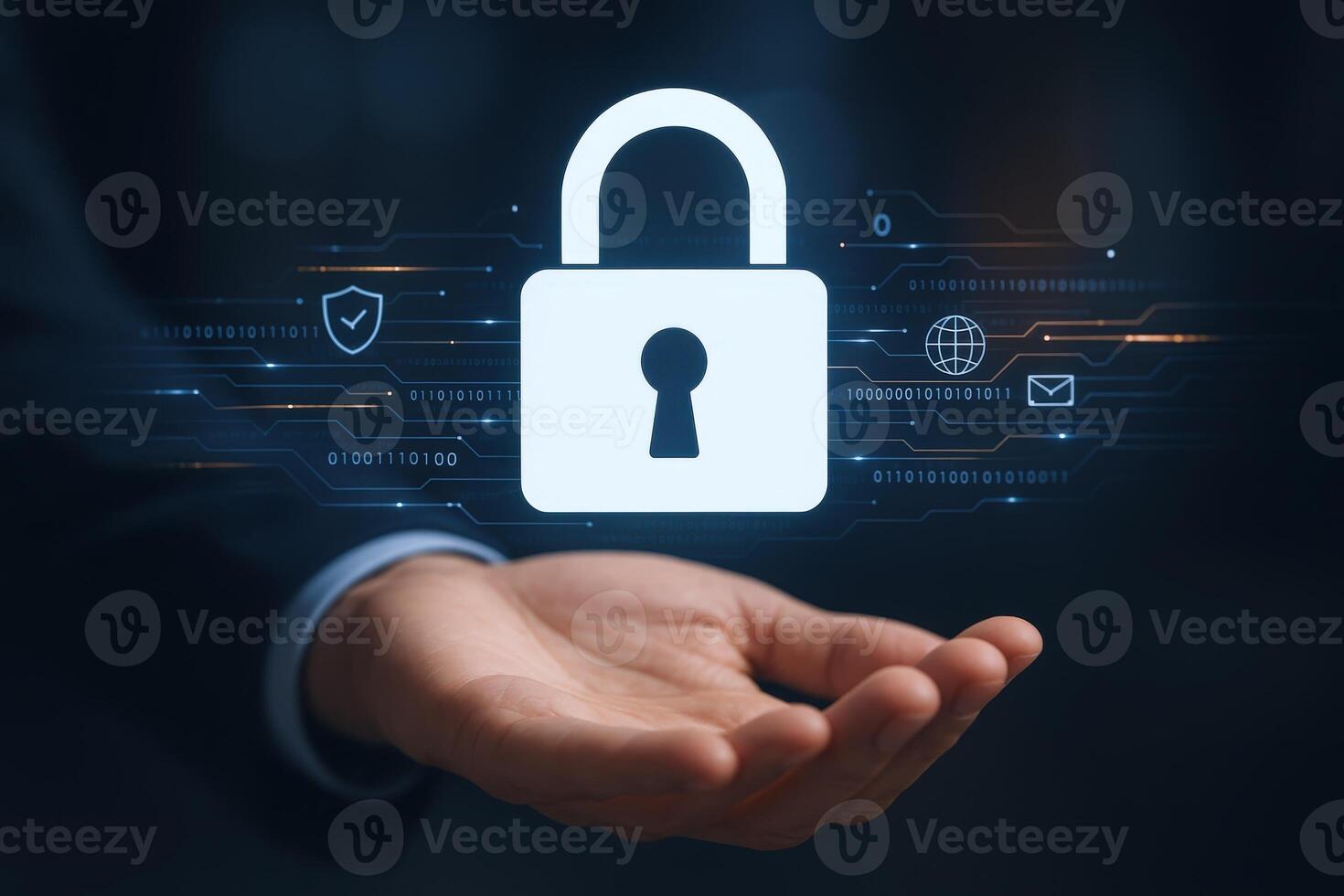 Digital Security Concept Hand Presenting Padlock Icon with Futuristic Circuitry, Data Protection and Privacy photo