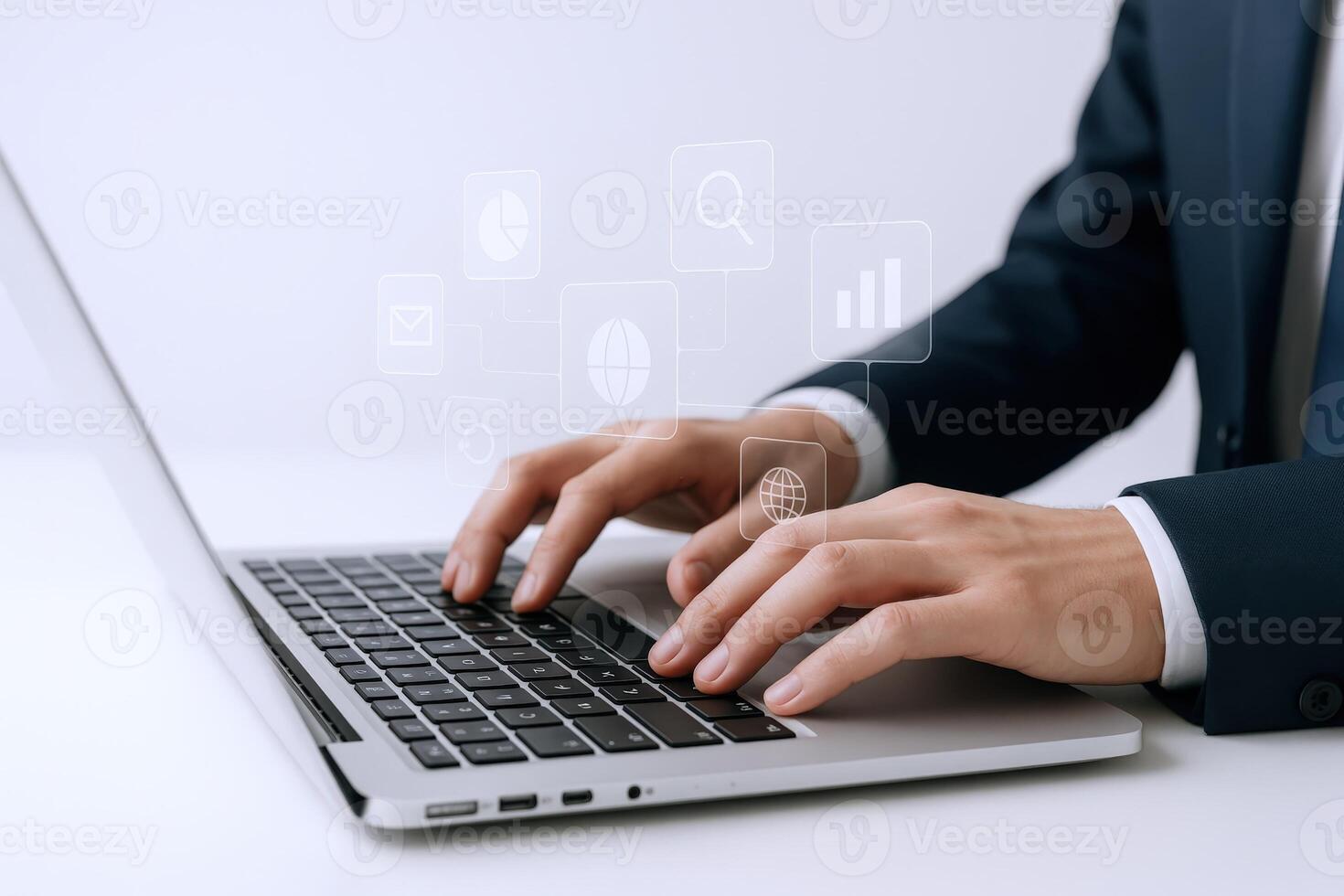 Business Professional Typing on Laptop with Data Visualization Overlays for Analytics and Productivity photo
