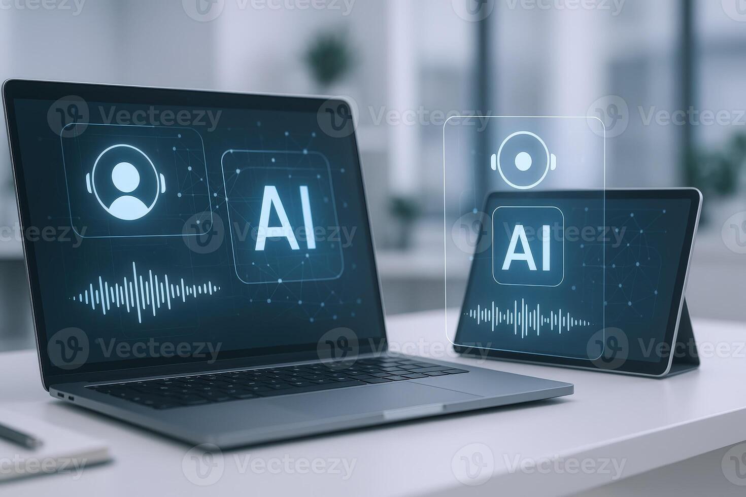 AI Powered Devices Featuring Voice Recognition Technology for Digital Assistants and Technological Innovation, Laptop and Tablet photo