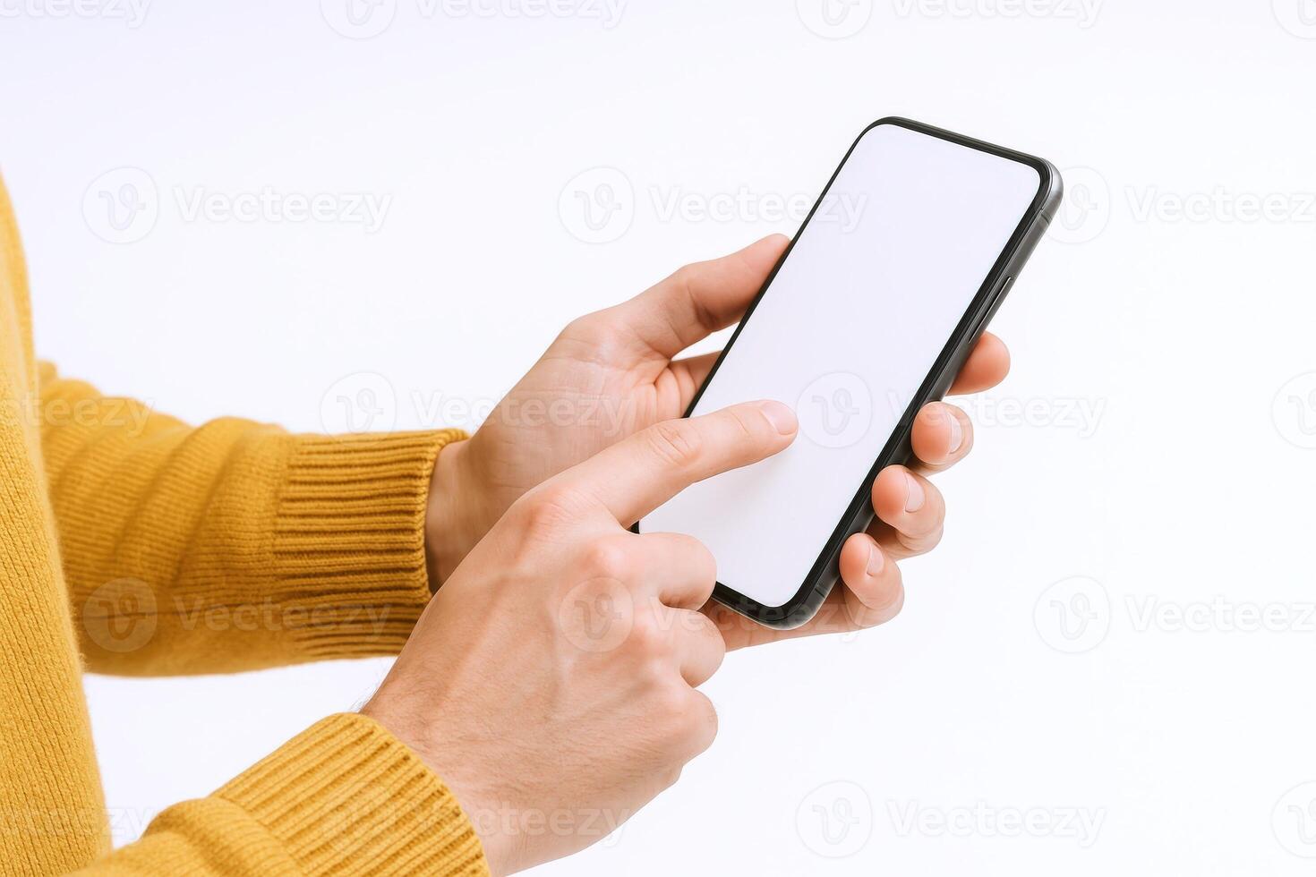 Person Using Smartphone with Blank White Screen for Mockup, App Presentation, or Mobile Interface Design photo