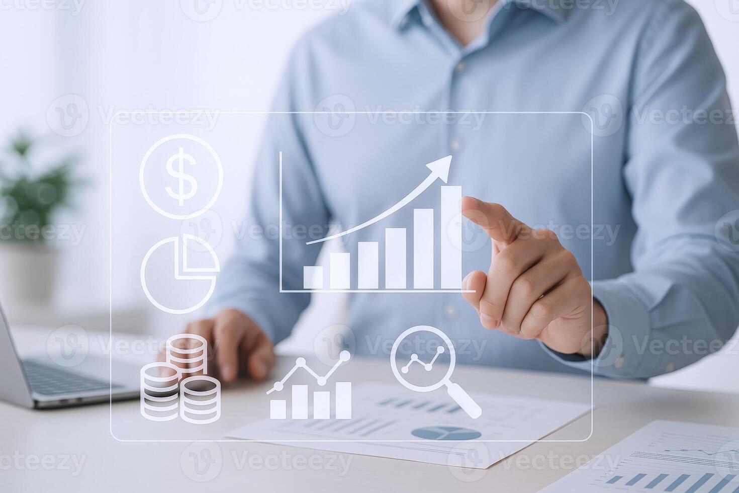 Business Growth Analysis with Man Touching Virtual Graph Displaying Financial Data and Charts for Strategy Development photo