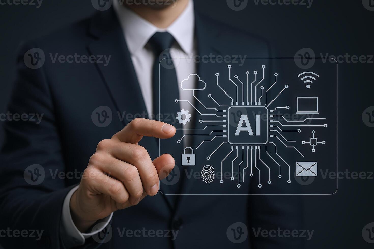 AI Integration Concept Businessman Interacting with Artificial Intelligence Interface Displaying Network Connectivity and Data Protection photo