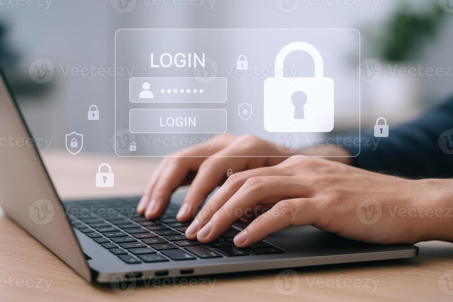 Secure Online Access Man Logging into Account with Padlock Symbol on Transparent Screen photo