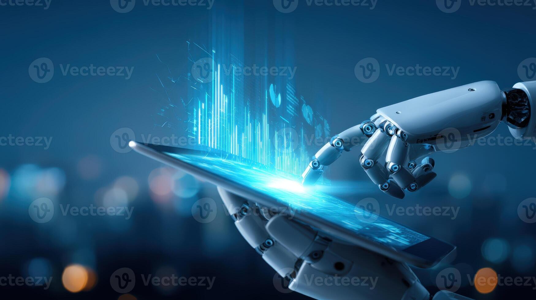 Robot Hand Interacting with a Digital Tablet Displaying Data Visualization Graphics, Representing Artificial Intelligence photo