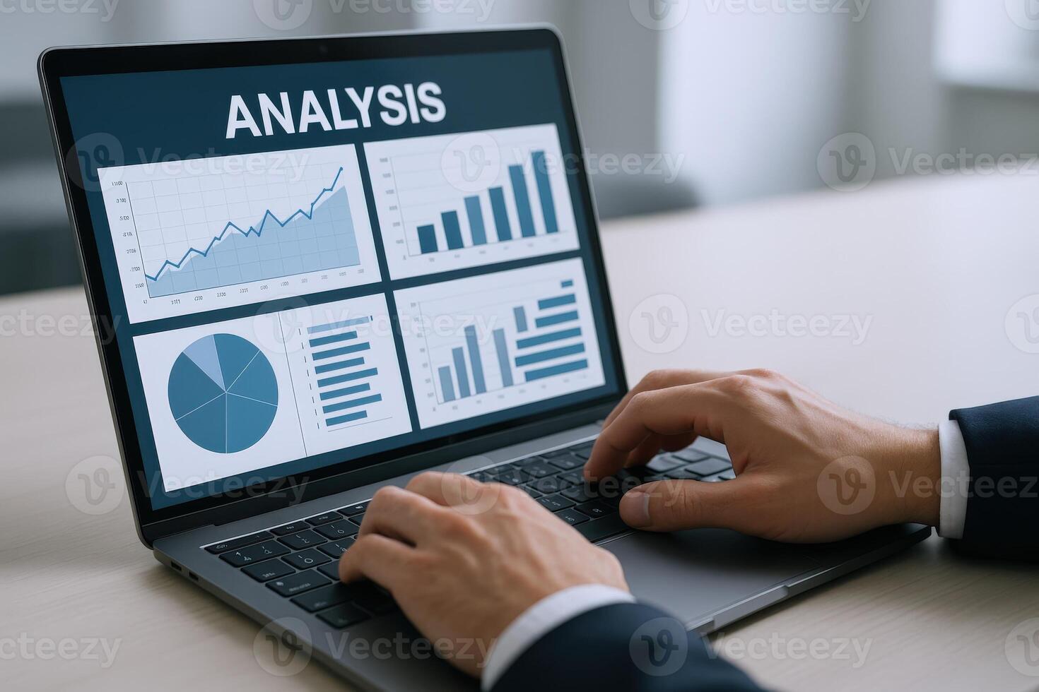 Data Analysis on Laptop Screen Businessman Reviewing Charts, Graphs, and Financial Performance Indicators photo