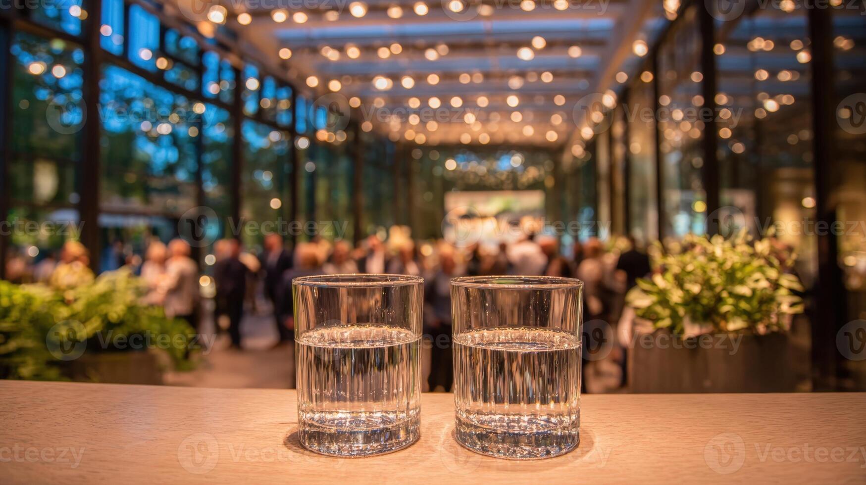 Elegant Evening Event Two Glasses of Water on Countertop in Atmospheric Setting with Bokeh Lighting photo