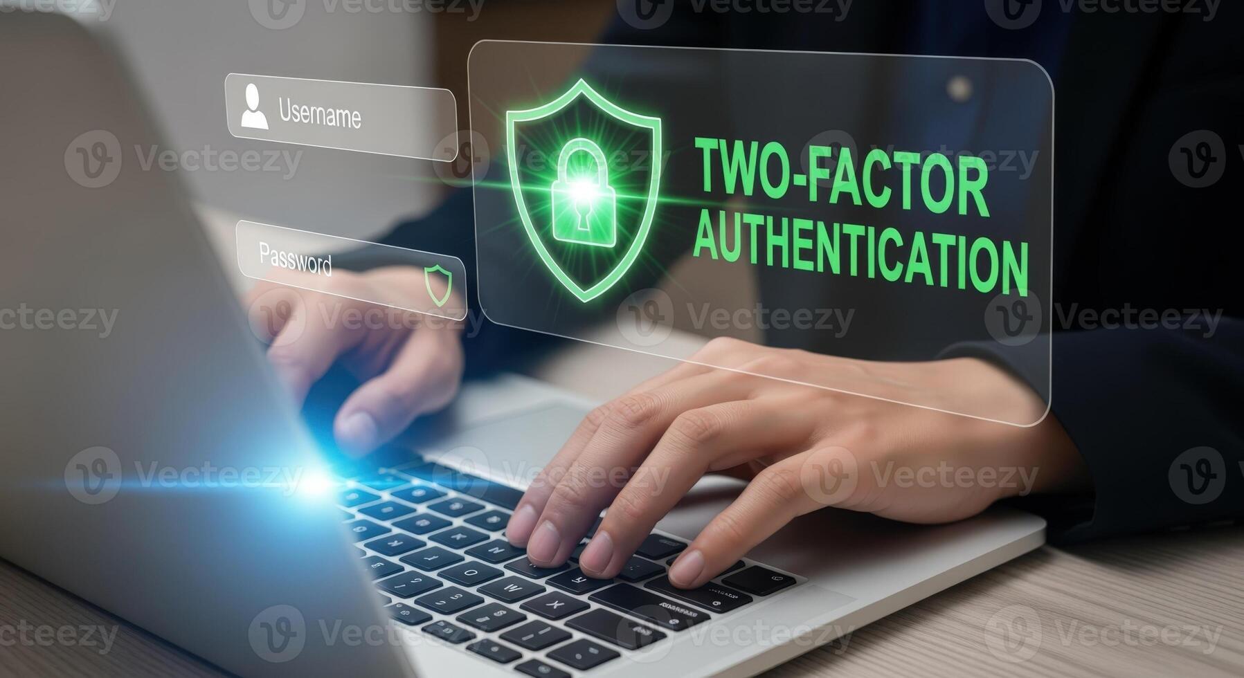 Two-Factor Authentication Security Concept Person Typing on Laptop with Digital Shield and Login Interface Overlay photo