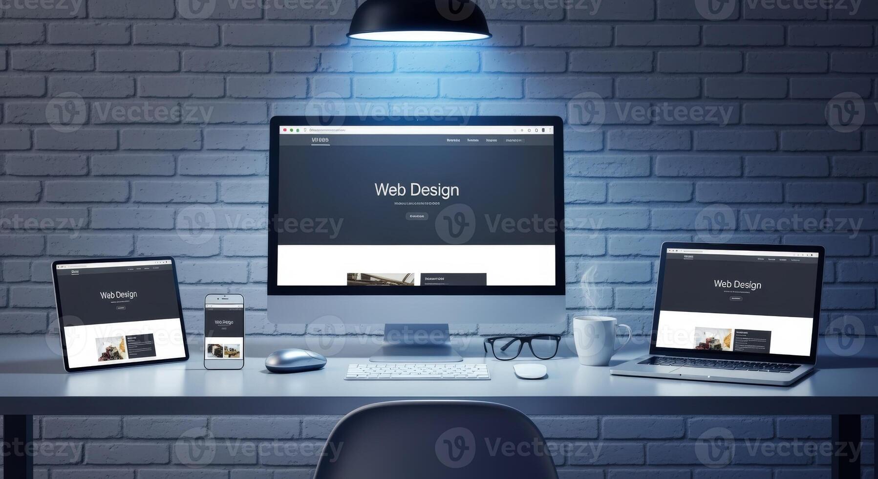 Workspace showcasing digital devices for web design, user interface, and responsive website development on a modern desk photo