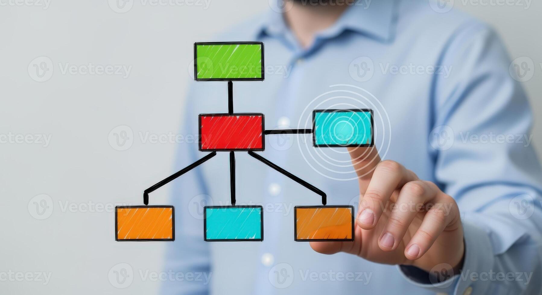 Organization Chart Selection A Mans Hand Interacting with a Digital Hierarchy Diagram, Illustrating Business Structure photo