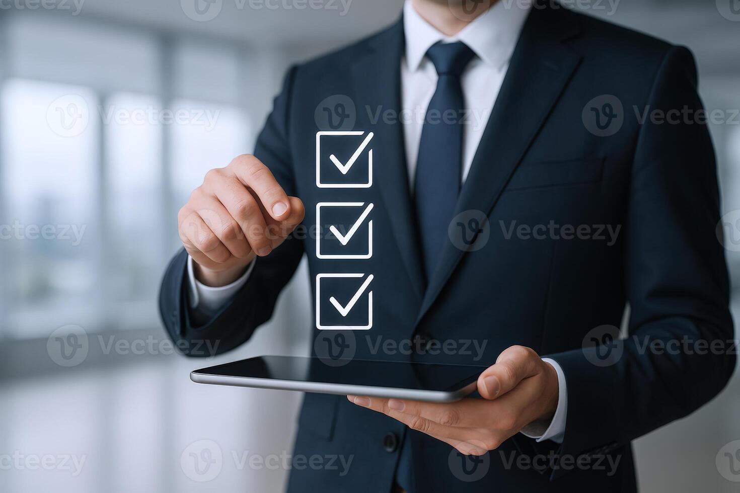 Business professional completing digital checklist on tablet, showcasing task management and efficiency in corporate environment photo
