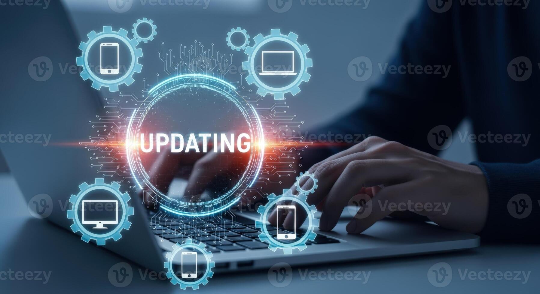 Software Update Concept Close-up of Laptop with Update Icons, Technology Upgrade Process in Progress photo