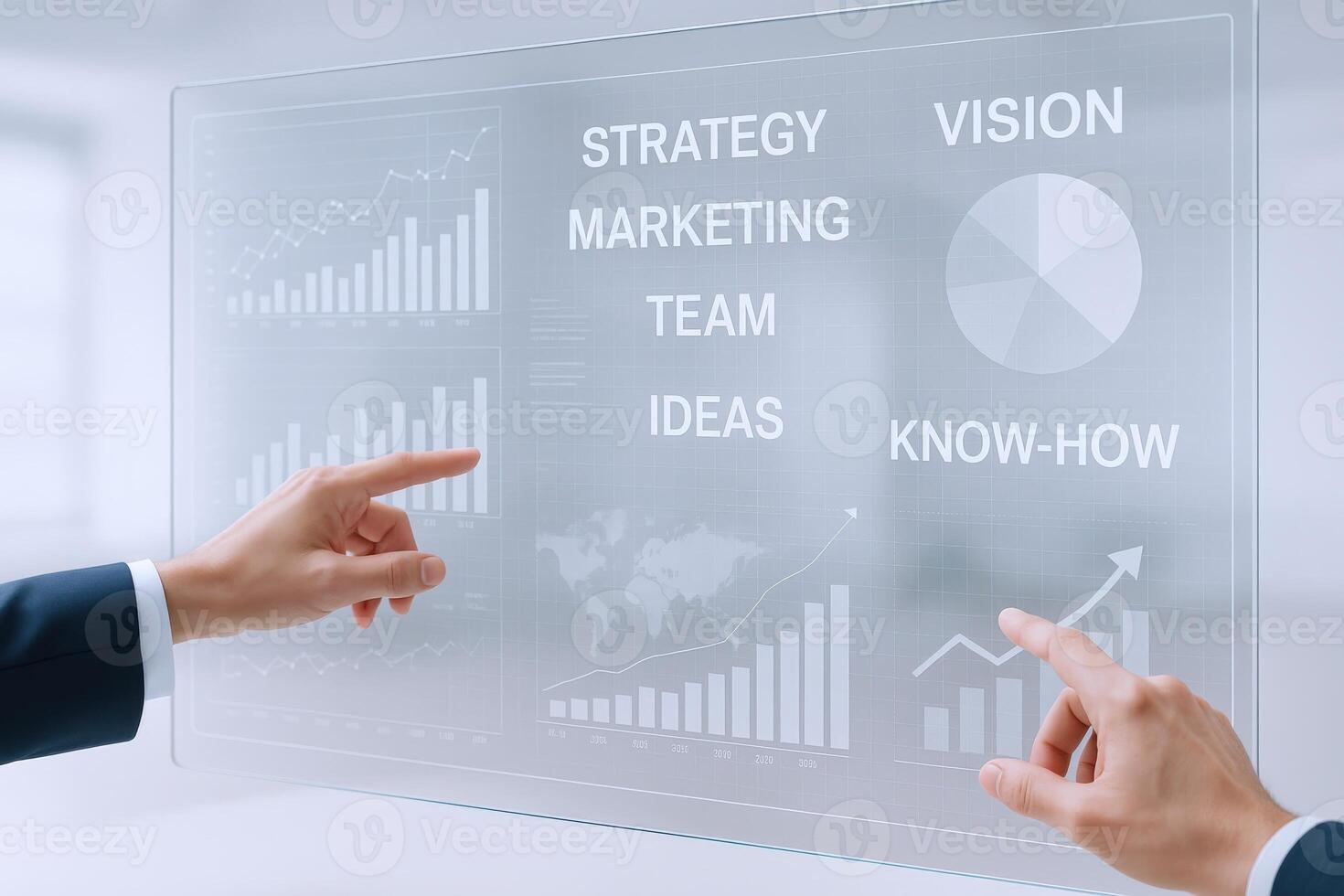 Business Professional Interacting with a Futuristic Transparent Display Showing Business Strategy and Data Analysis photo