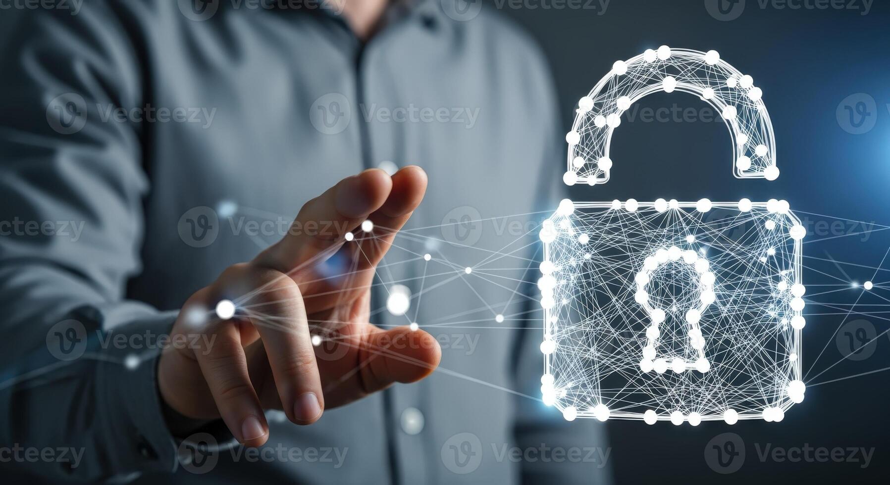 Digital Unlocked Padlock Illustration with a Person Pointing Towards It, Emphasizing Data Access and Cyber Security photo