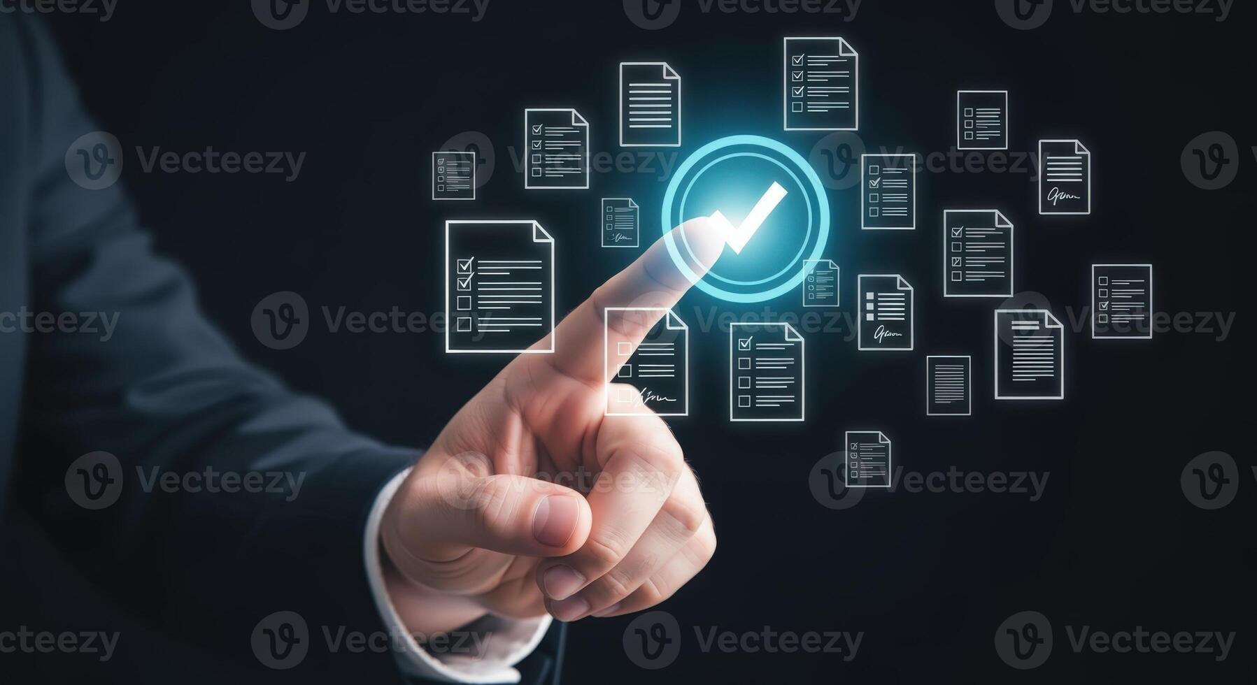 Digital Document Approval Businessman Interacting with Virtual Interface Representing Approved Files and Workflow Automation photo