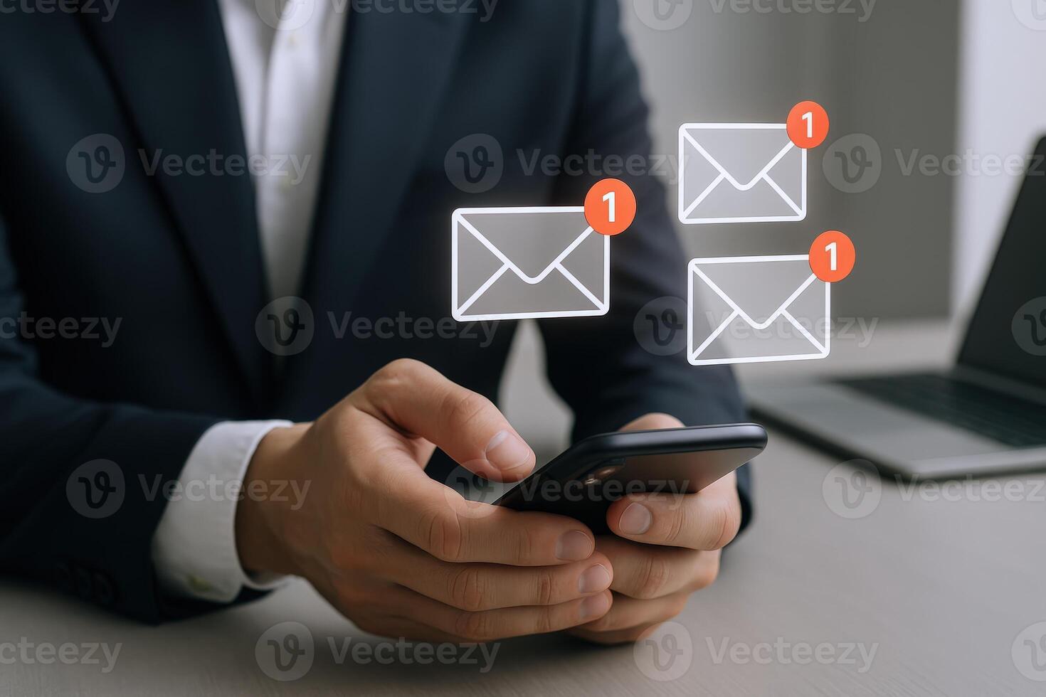 Businessman Checking Email Inbox on Smartphone, Receiving New Messages, Communication and Technology Concept photo
