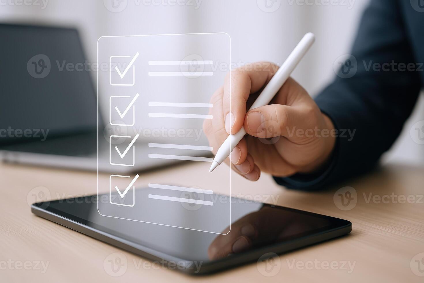 Digital Checklist Hand Completing Tasks on Tablet with Pen for Efficient Workflow and Productivity photo