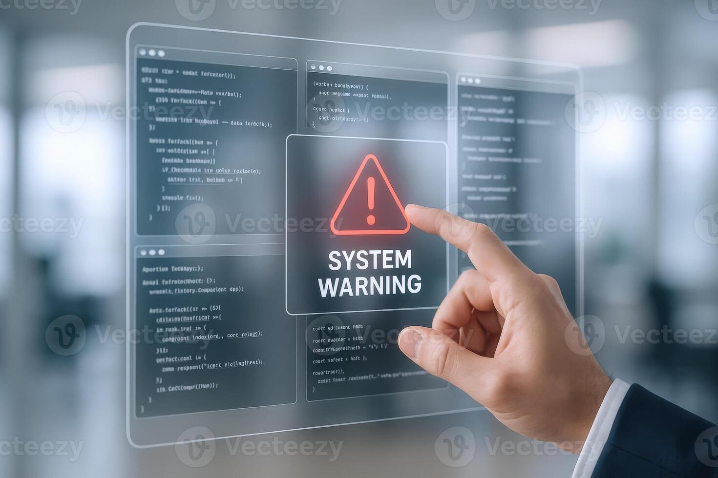 System Warning Alert on Transparent Display Security Breach, Data Error, Cybersecurity Threat photo