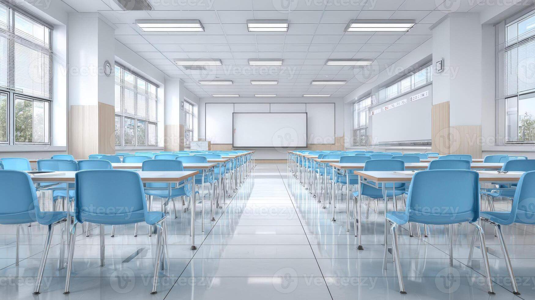 Bright Empty Classroom with Rows of Desks and Chairs, Education and Learning Environment Concept photo
