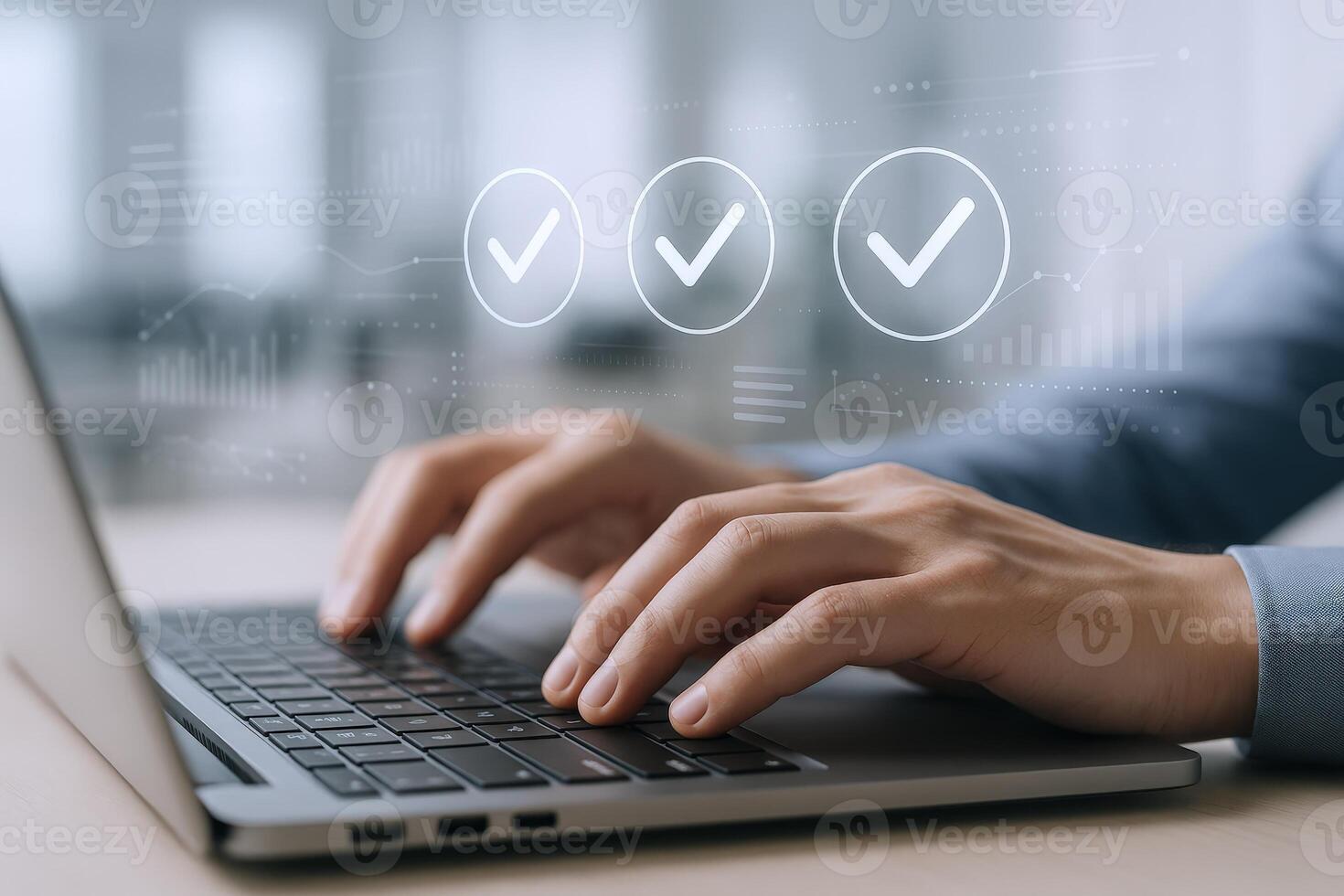 Hands Typing on Laptop with Checkmarks Successful Task Completion and Digital Workflow Concept photo