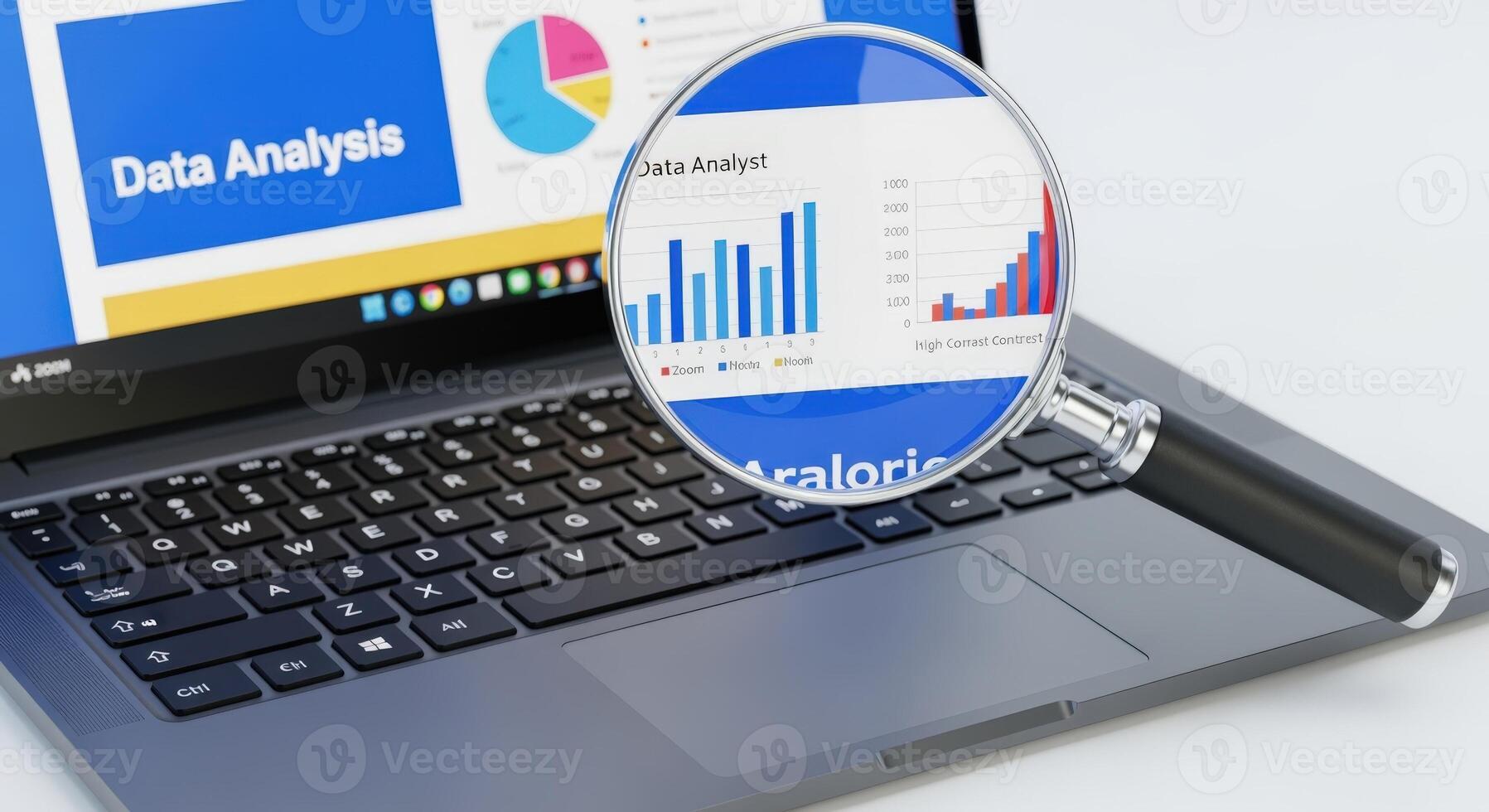 Laptop Screen Showing Data Analysis with Magnifying Glass for Business Intelligence and Insights photo