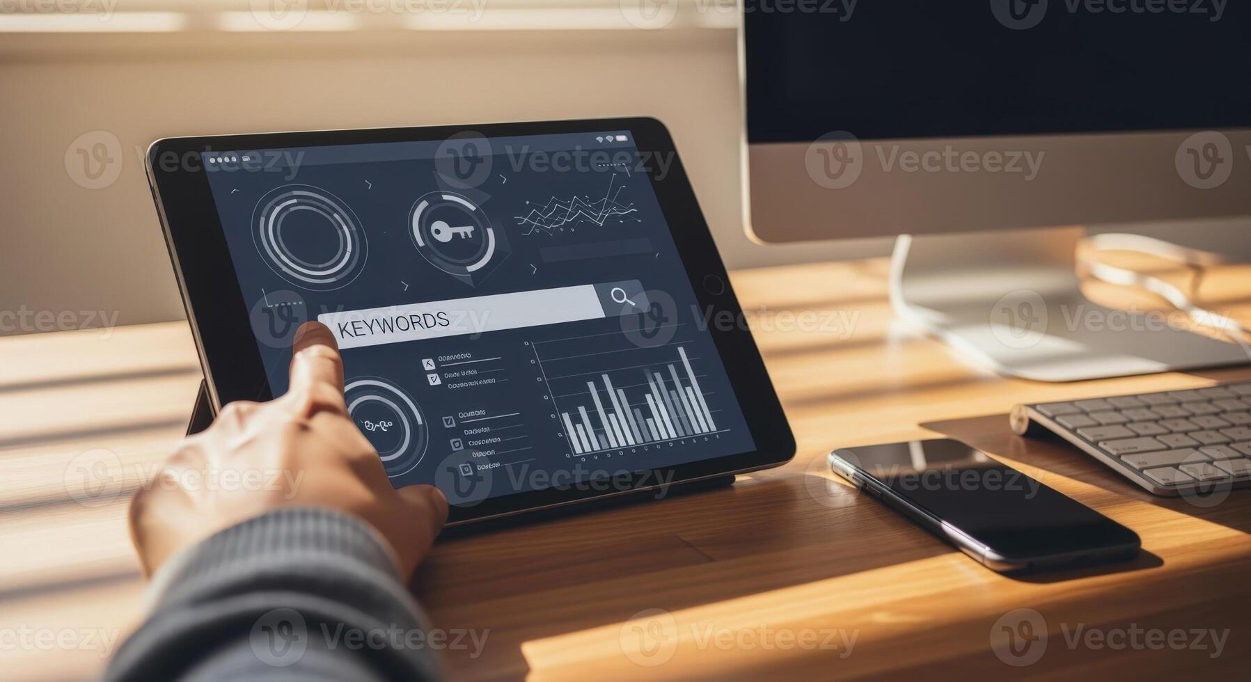 Digital Marketing Analysis on Tablet Device Displaying Keywords, Data Charts, and Graphs for Business Strategy photo