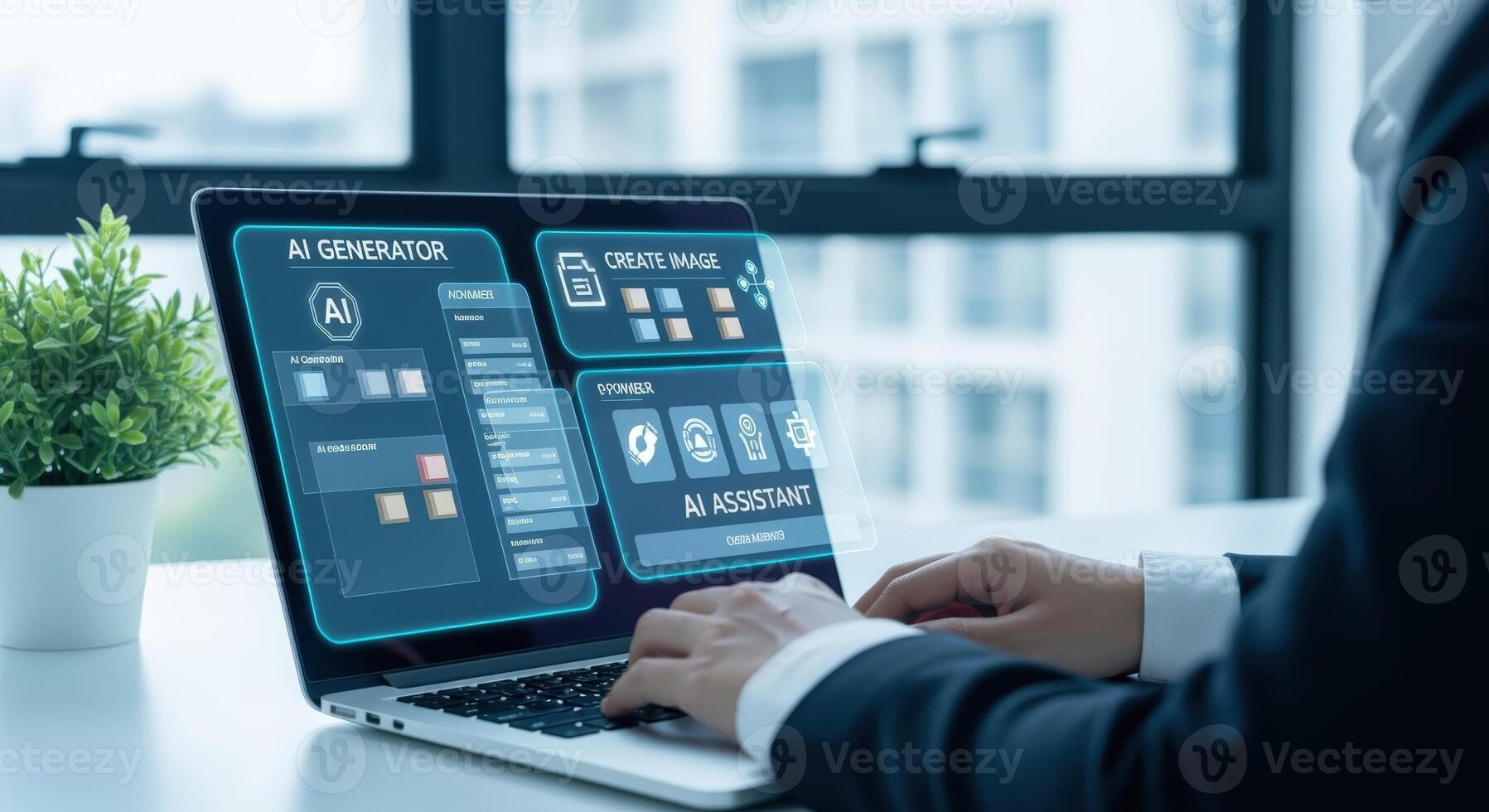 AI-Powered Software Interface on Laptop Screen Displayed with a Person Typing on Keyboard for Technology Concept photo