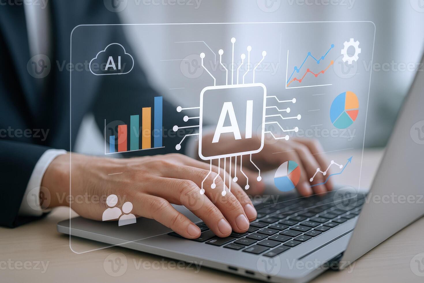 AI-Powered Data Analysis Businessman Using Laptop with Artificial Intelligence Interface for Business Insights and Decision Making photo
