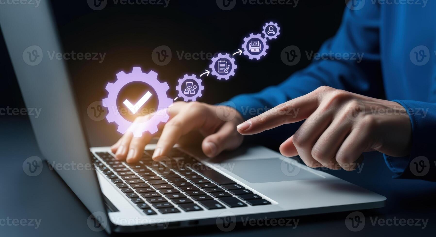 Workflow Automation on Laptop Man Implementing Business Process with Gears and Checkmarks for Optimization photo