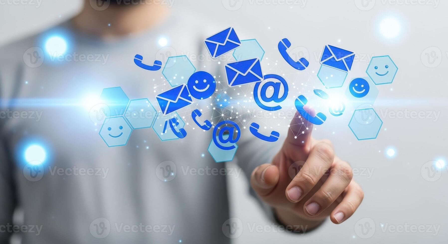 Human hand touching digital symbols representing communication methods email, phone, chat Communication, technology, contact, support photo