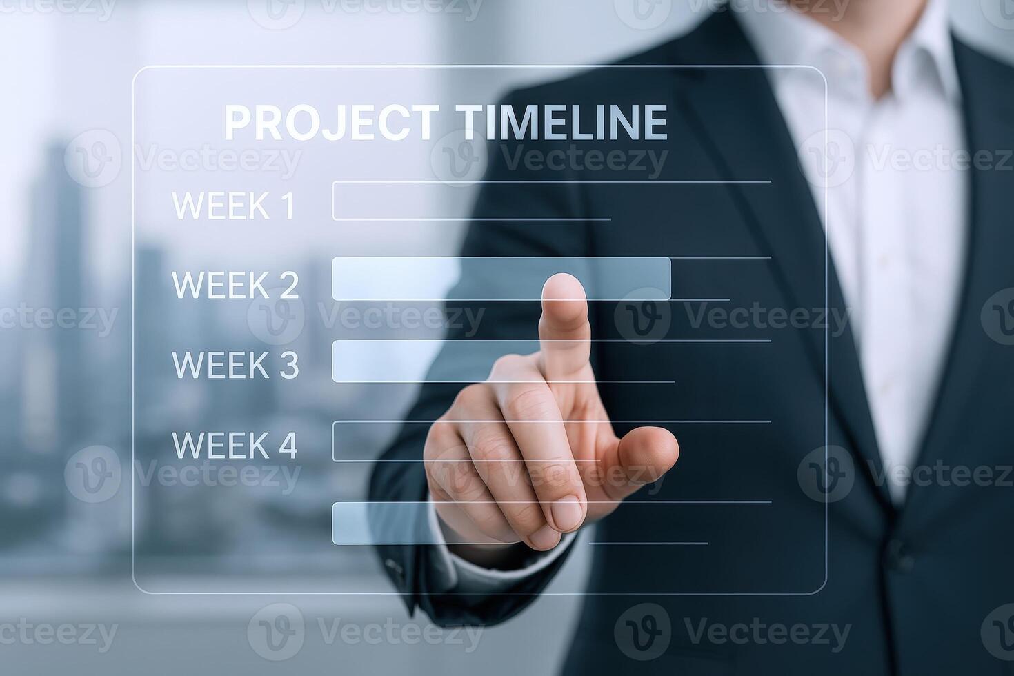 Business Professional Interacting with Project Timeline on Digital Interface Showing Four Weeks photo