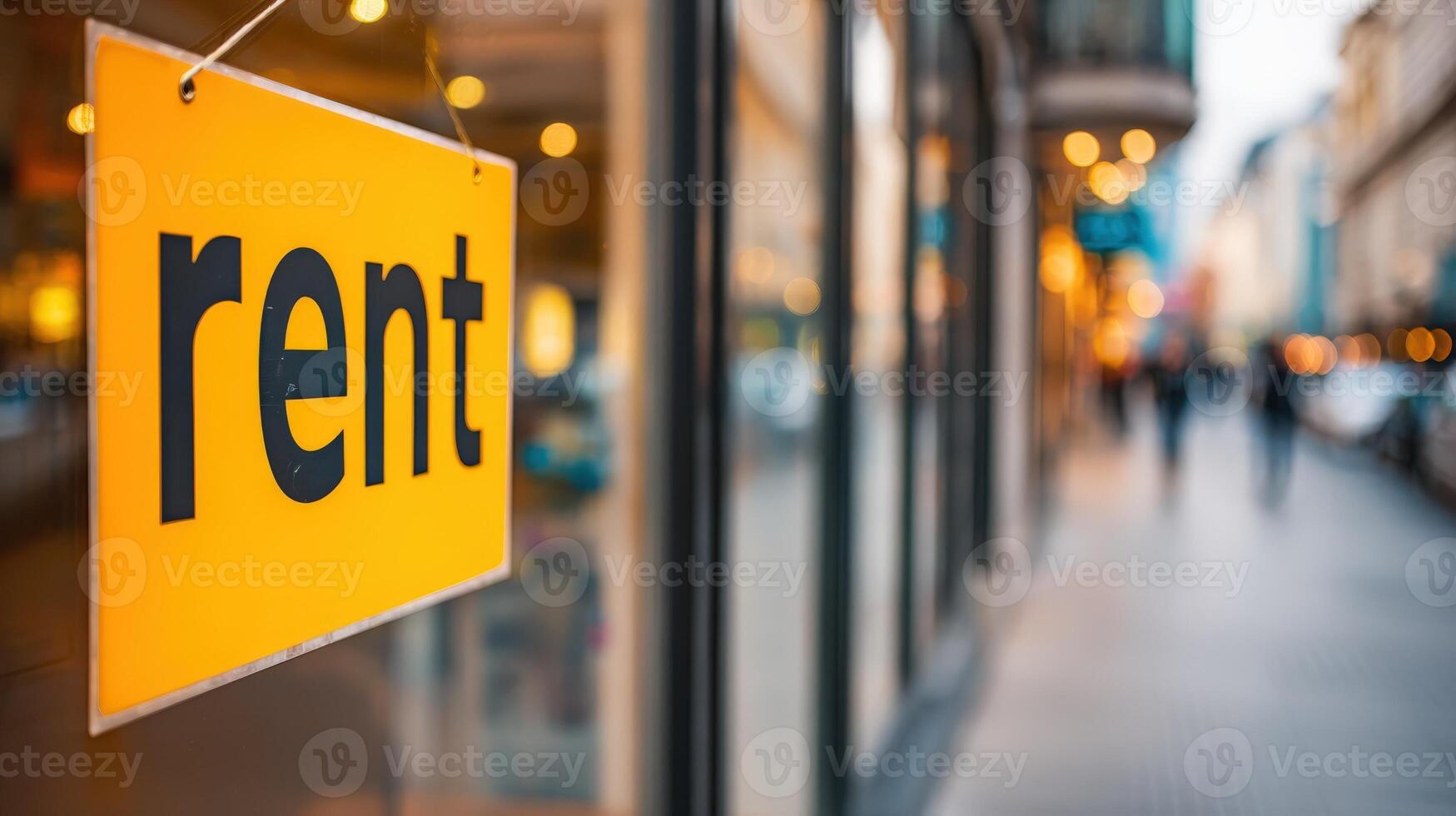 Rent Signage on Storefront Window Display Advertising Property Availability in Urban Setting with Pedestrians photo